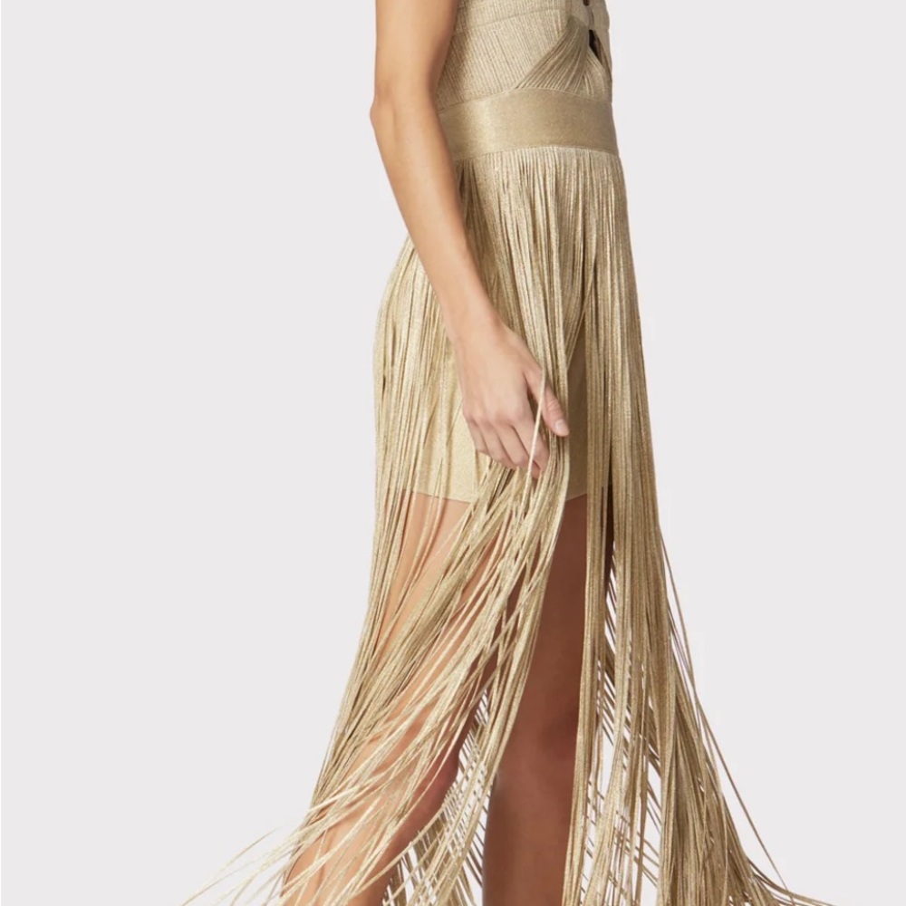 CONTOUR BUST METALLIC FRINGE GOWN Herve Leger Gold NWT - Picture 6 of 7
